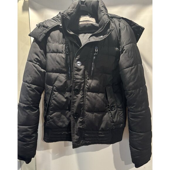 ZARA MAN Black Size Large Puffer Jacket winter coat with zip in hood - Picture 1 of 7